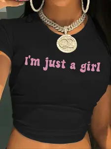 Women's "I'M JUST A GIRL" Print Round Neck Crop Tee, Casual Short Sleeve Crew Neck T-shirt for Summer, Fashion Women's Top for Daily Wear