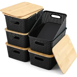 Baskets for Organizing Plastic Storage Bins With Bamboo Lids Small Shelf Basket Container for Organizing Shelves Desktop Closet Pantry Playroom Classroom Office, 6 Pack,Black