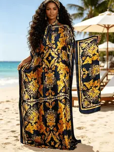 Luxurious Gold Printed Caftan Dress Set, Elegant Extra-Long Style with Scarf, Ethnic Print Kaftan, Ethnic Pattern Kaftan, Perfect for Formal Occasions & High-End Events