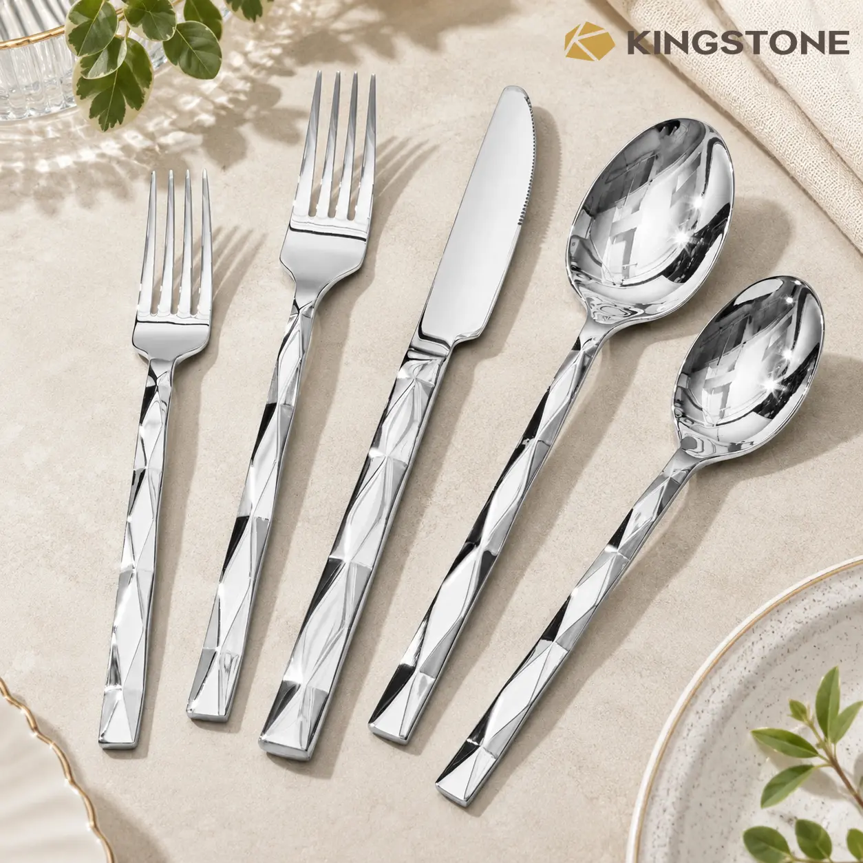 KINGSTONE 18/10 Stainless Steel Stylish Dinner Utensil Set - Diamond Cut Pattern, Glossy Mirror Polished, Dishwasher Safe Cutlery, Tableware Dinnerware Sets for Home, Wedding, Model 8812