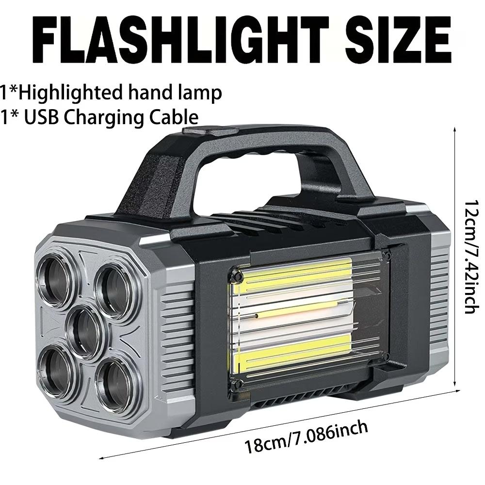 Outdoor COB flashlight, high-brightness and high-lumen rechargeable outdoor spotlight with dual front and rear lights, long-range solar flashlight, suitable for camping, emergencies, hunting and work lighting: protective function Type-C charging