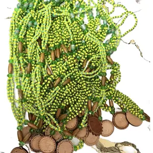 Collars for Oluwos - Green Beaded Necklaces with Brown Coins - Traditional African Jewelry