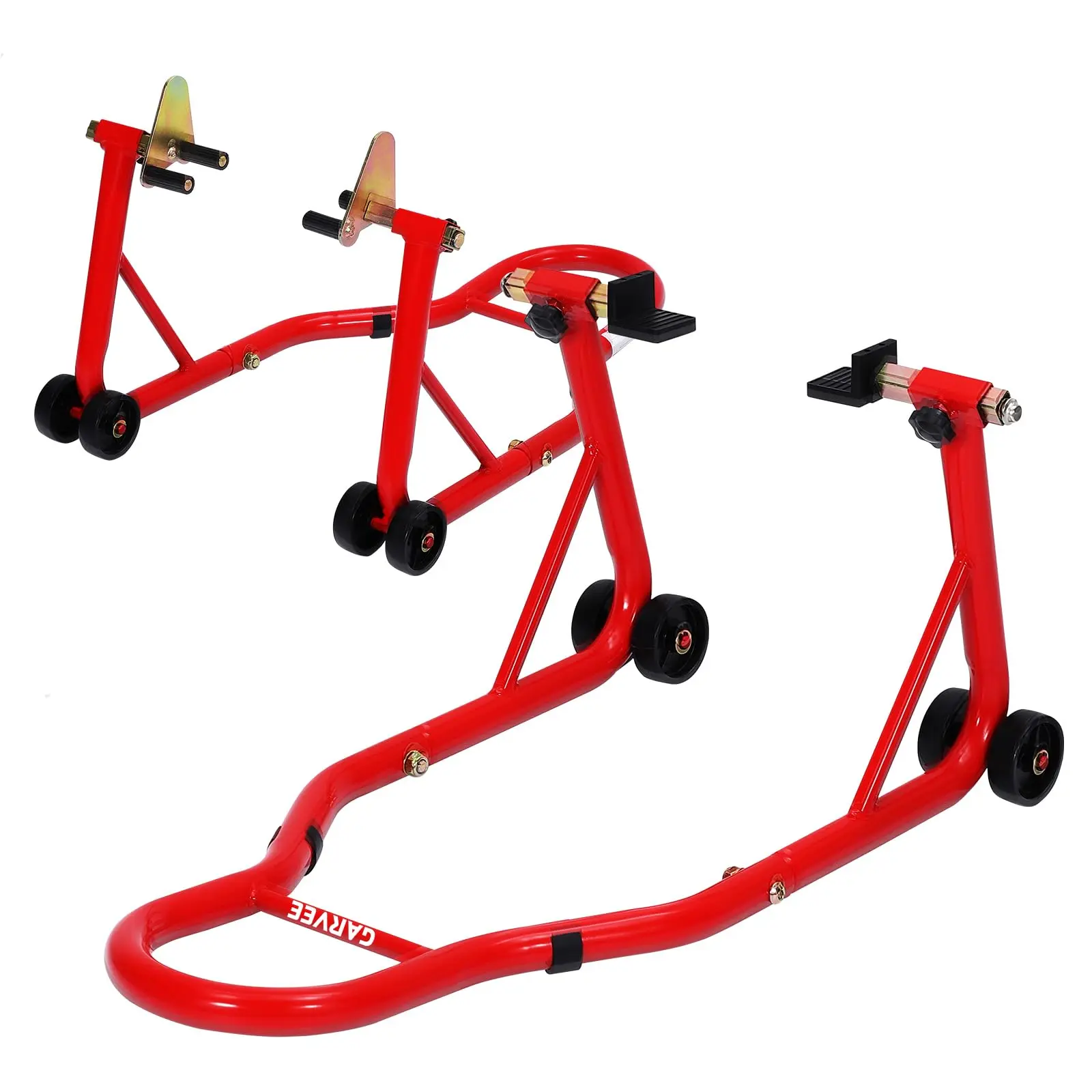 Heavy-Duty 900 LB Manual Motorcycle Front & Rear Stands Combo, with Prong Adapters, Adjustable Swingarm Spool, 7.87"-16.93" Long Handles, Universal Paddock Stands for Bikes & Workshop Use, 7.87" To 16.93", Rust-Proof Coat