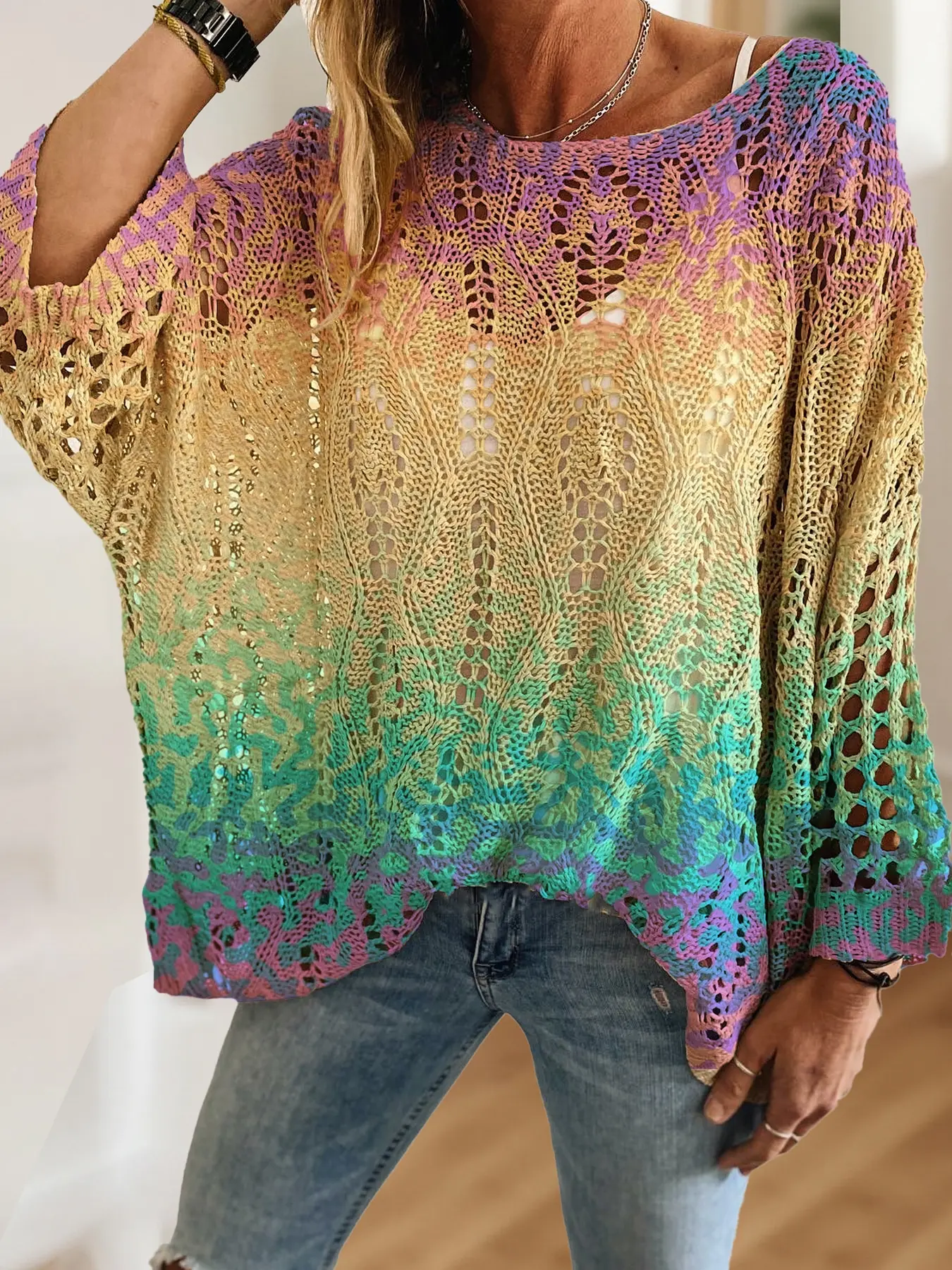 Women's Gradient Ombre Colorblock Long Sleeve Knit Hollow Out Top, Casual Elegant Vacation Style Knitted Sweater, Valentine's Day Knitwear, Plus Size, Knitting