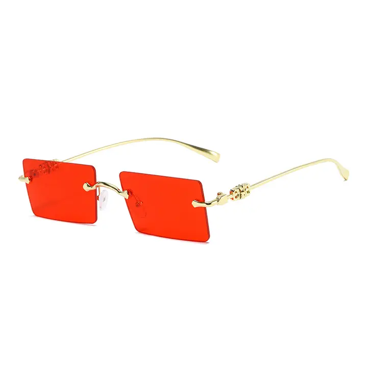 Vintage Frameless Small Square Sunglasses Women Slim Gold Temple Vivid Red Lens Fashion Festival Sun Glasses