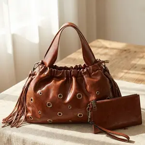 Vintage Studded Top Handle Bag – Soft Leather Crossbody Purse with Tassel & Adjustable Strap