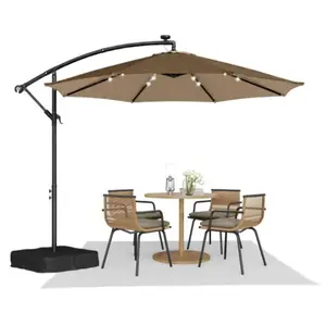 【Dealsforyou】10ft Solar LED Patio Umbrella with Base & Light, UPF50+ UV Protection, Outdoor Offset Cantilever Patio Umbrella LED Lighted Hanging Patio Outdoor Market Umbrella with Easy Tilt and Crank for Pool Deck & Garden