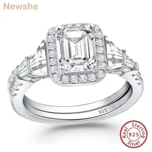 Newshe Wedding Rings for Her AAAAA Cubic Zircon Women's Bridal Sets 925 Sterling Silver Emerald Cut Engagement Ring Size 5-10