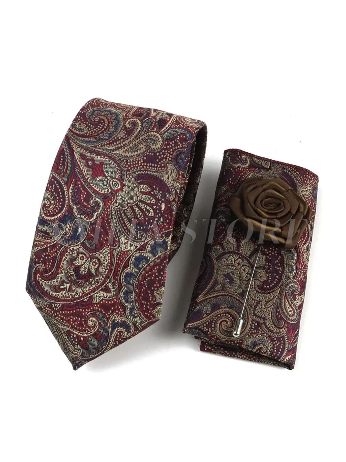 Men's Paisley and Walnut Pattern Tie Set, Handkerchief and Boutonniere, High-Quality Classic Fashion Accessories, Business and Casual Wear, Casual Elegant Tie
