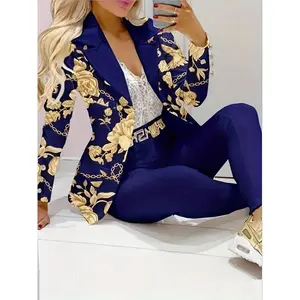 2025 New Women’s Elegant High-End Floral Print Chain Print Slim Fit Suit Set, Machine Washable, Stylish for All Seasons