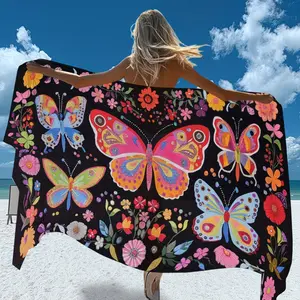 Butterfly and Floral Printed Microfiber Beach Towel - Elegant Pattern Soft Beach Towel, Microfiber Towel Wrap, Suitable for Sports, Travel, Swimming, Pool Activities, Yoga. It can be used as a beach towel / bikini cover-up / sun protection shawl