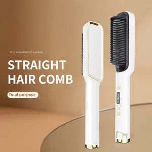 110V Negative Ion Hair Straightener Styling Comb, 2 in 1 Hair Straightener Comb and Curling Comb for Dry Hair and Wet Hair, Fast Heating,Anti-Scald, Professional Hair Care (Elegant White)