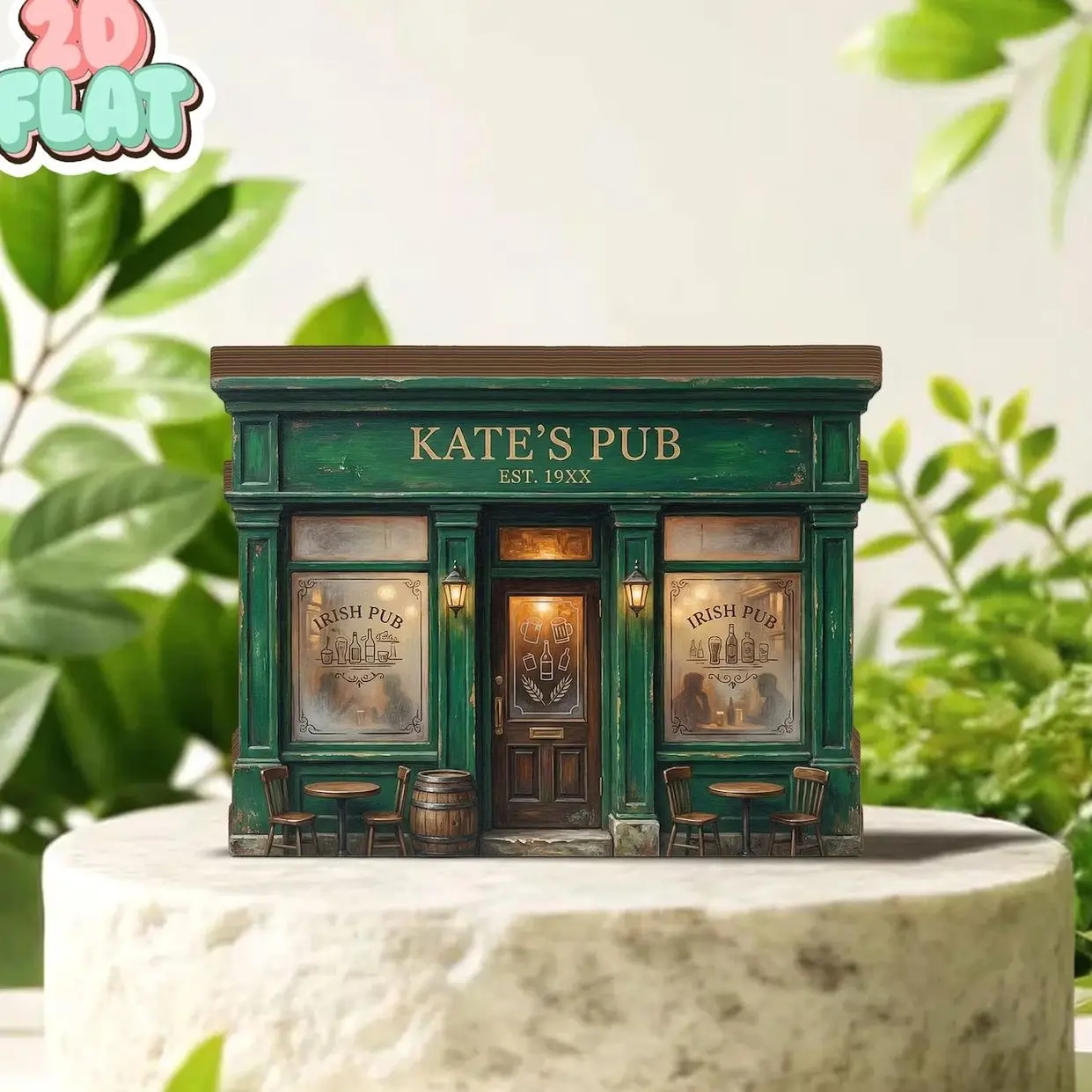 Personalized Irish Pub 2D FLAT Wooden Block Decor, Custom Pub Name Shelf Sign, Green Bar Book Nook Style, Irish Home Decor Gift