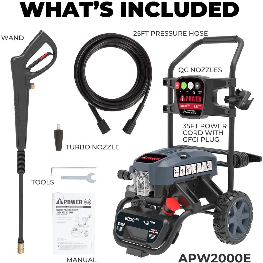 APW2000E Electric Pressure Washer with 2000 PSI and 1.2 GPM CETL Compliant Features Onboard Soap Tank 5 Quick Connect Nozzles S