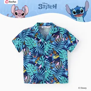 Disney Stitch Boys Hawaiian Shirt - Short Sleeve Button Down Tropical Print Shirt for Kids, Summer Beach Casual Aloha Shirt with Ukulele & Palm Leaf Pattern, Official Lilo & Stitch Character Apparel