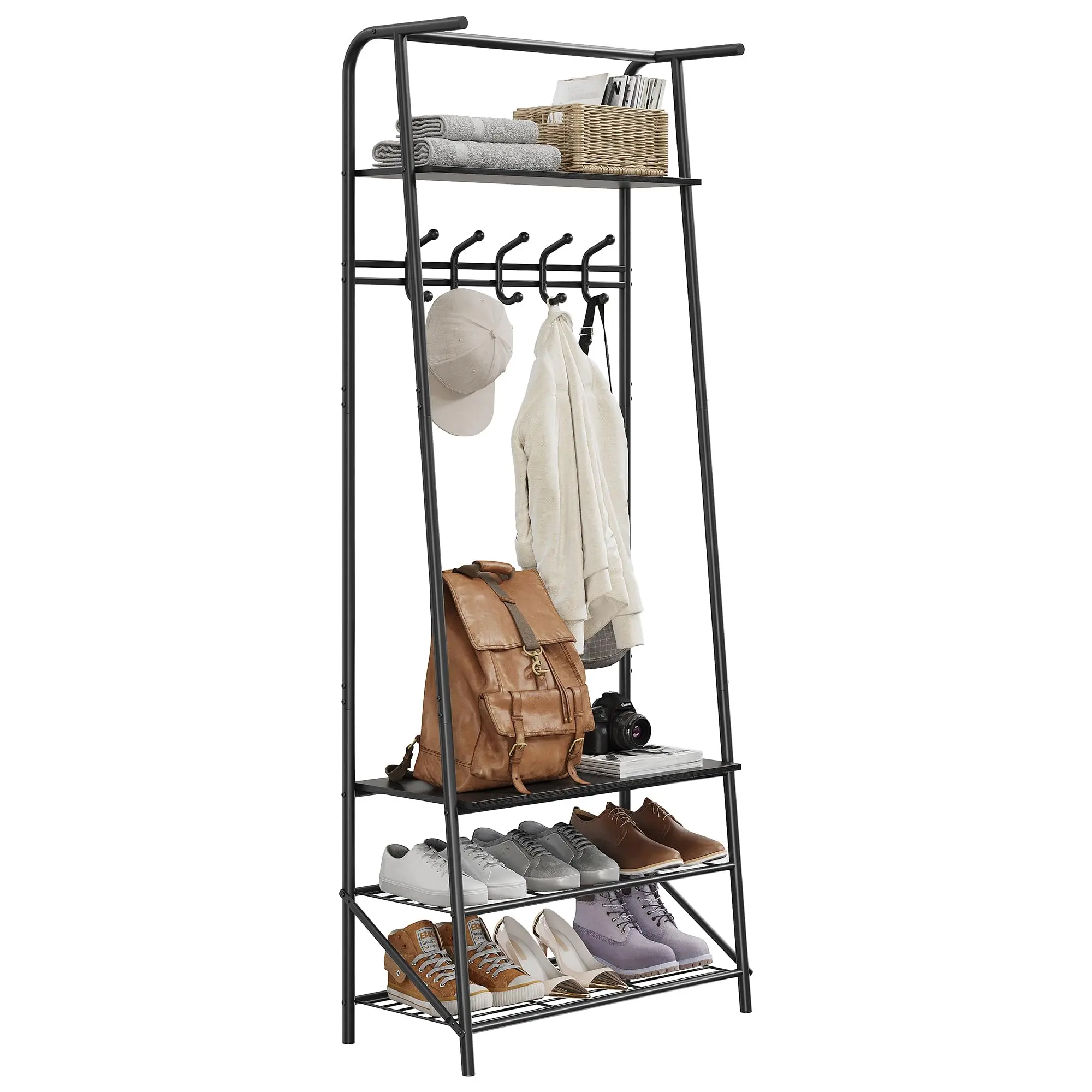 GAOMON Sturdy Industrial Look Black Wood-Metal Coat Rack with Shoe Bench, 5 Single-Row Clothes Hooks, High Load Capacity Engineered Wood Storage Organizer, Easy Setup, 60cm for Foyer, Bedroom