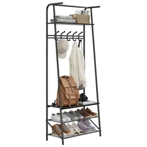 Black Coat Rack with Shoe Bench for Hallway, 5 Single Row Hooks, Multifunctional Wood & Metal Storage Organizer for Entryway, Bedroom or Living Room – 60cm