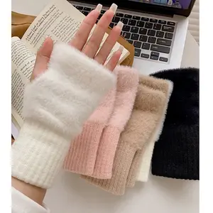 Women's Solid White Fur-Lined Half-Finger Long Gloves - Warm Winter Fleece Gloves That Keep Warm
