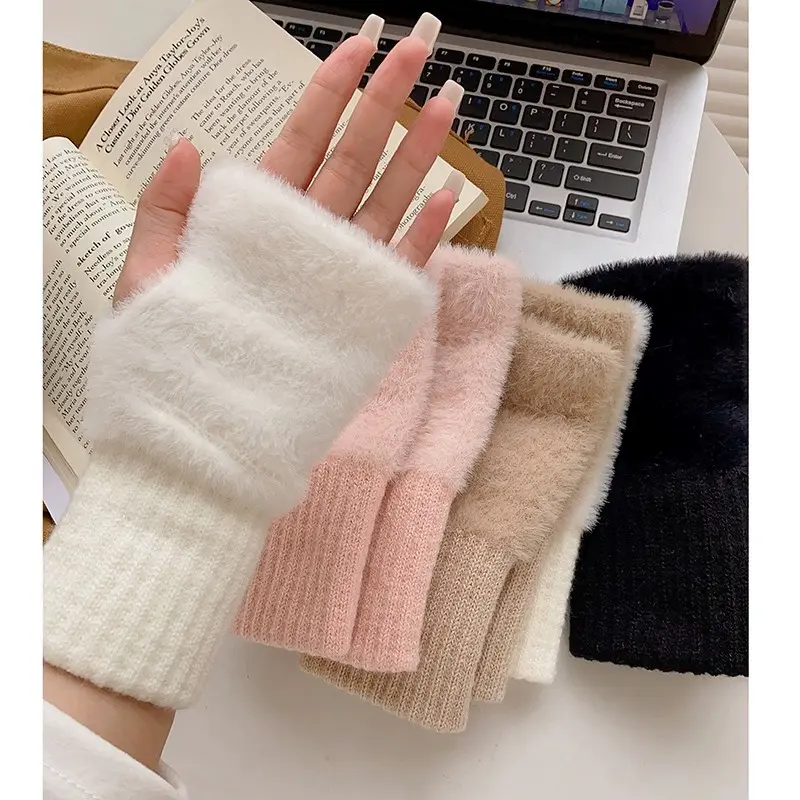 Women's Solid White Classic Fashion Half-Finger Long Gloves - Fur-Lined, Warm Winter Fleece Gloves, Classic Fashion Gloves