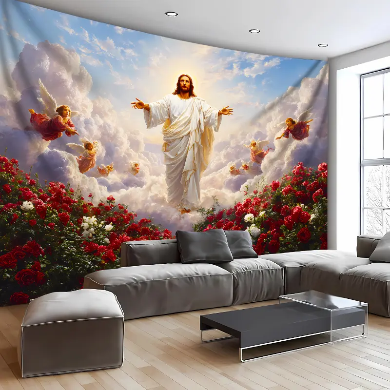 1pc Extra Large Sacred Jesus Rose Garden Polyester Peach Skin Velvet Tapestry - HD Animal Print, 95g/sqm No-Install Horizontal Faith Artwork, Indoor Religion Wall Decor for Living Room