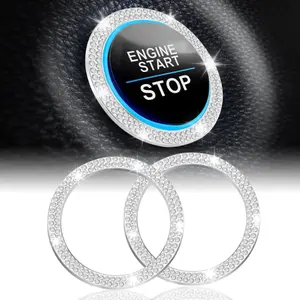 Bling Car Engine Start Stop Decoration Ring - 2 PCS Crystal Double Rhinestone Key Ignition & Knob Bling Ring for Women, Push to Start Button Cover/Sticker