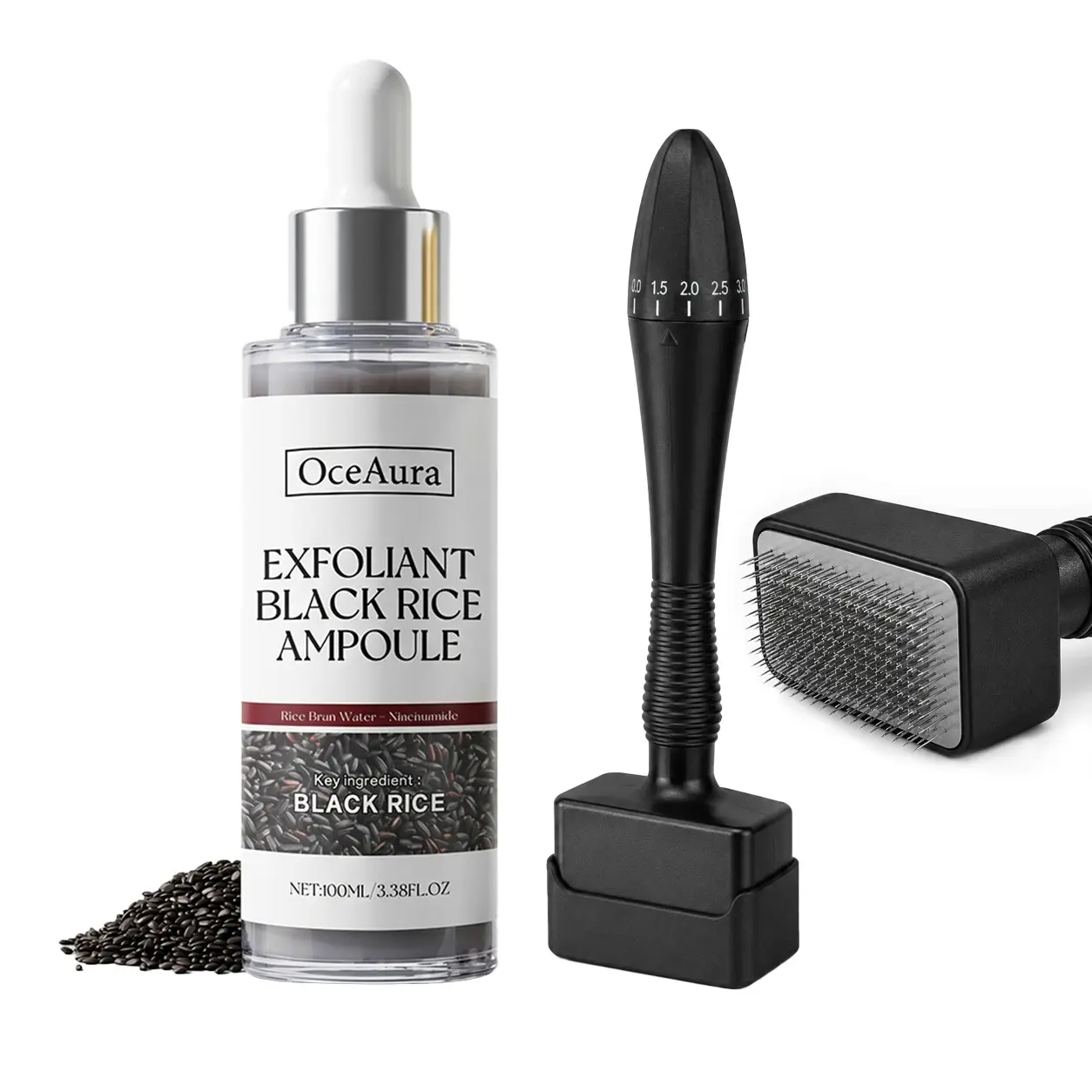 Black Rice Exfoliating Ampoule & Adjustable Microneedle Precision Beauty Stamp Set - Niacinamide, 100ml Alcohol-Free Serum, Female Target, Soothing Gentle Skin Renewal, All Skin Types, 24-Month Shelf Life, Bottle (1 Piece)