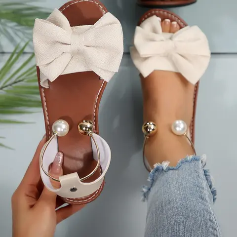 Women's Round Toe Bowknot Decor Flat Heel Sandals, Flats Sandals, High-Quality Fashion Casual Slip-On Shoes, Textile Upper & Rubber Sole, Low-Cut Design, Casual Summer Footwear