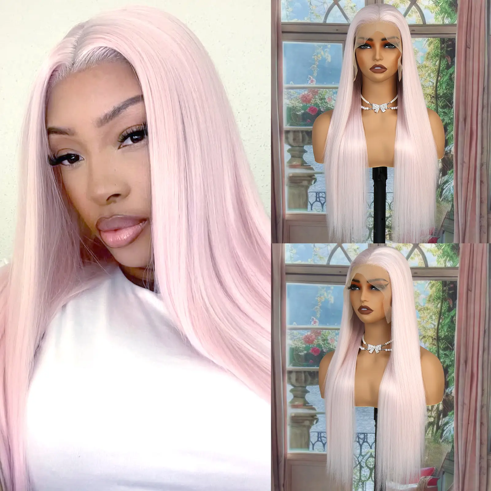 Aodbar 13*6 Transparent Lace Front Adjustable Synthetic Fiber Wig, 28-Inch Light Pink Long Straight Heat-Resistant Wig for Daily, Party Use, Adjustable Wig