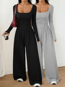 Women's 2-Piece Fall Winter Knit Solid Color Square Neck Fashion Comfortable Simple Versatile Long Sleeve Wide Leg Jumpsuit Set