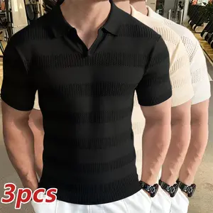 3-pack men’s casual short-sleeve sweaters, fashionable knit pullover with a turn-down collar, solid color, lightweight and breathable for summer, versatile for everyday commuting and suitable for outdoor activities.Summervibes