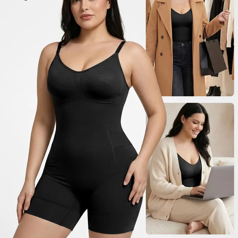 Women's Nylon Blend Compression Shaper Bodysuit - Tummy Control Mid-Thigh Female Underwear, Pull-On U-Back Wirefree All-Season Workout Sets Women Shorts for Lifted Look, Sports Bras Compatible
