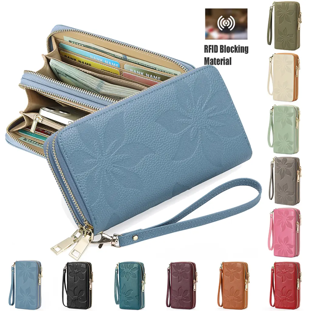 Women's PU Leather Wristlet - Large Capacity RFID Blocker Double Zip Card & Phone Holder, Wedding, Stripes, Zipper