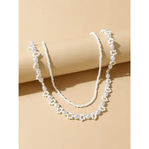 2pcs White Flower Beach Necklaces , Boho Style Shell Charm Beaded Necklaces, Fashion Trendy Matching Necklace, Summer Beach