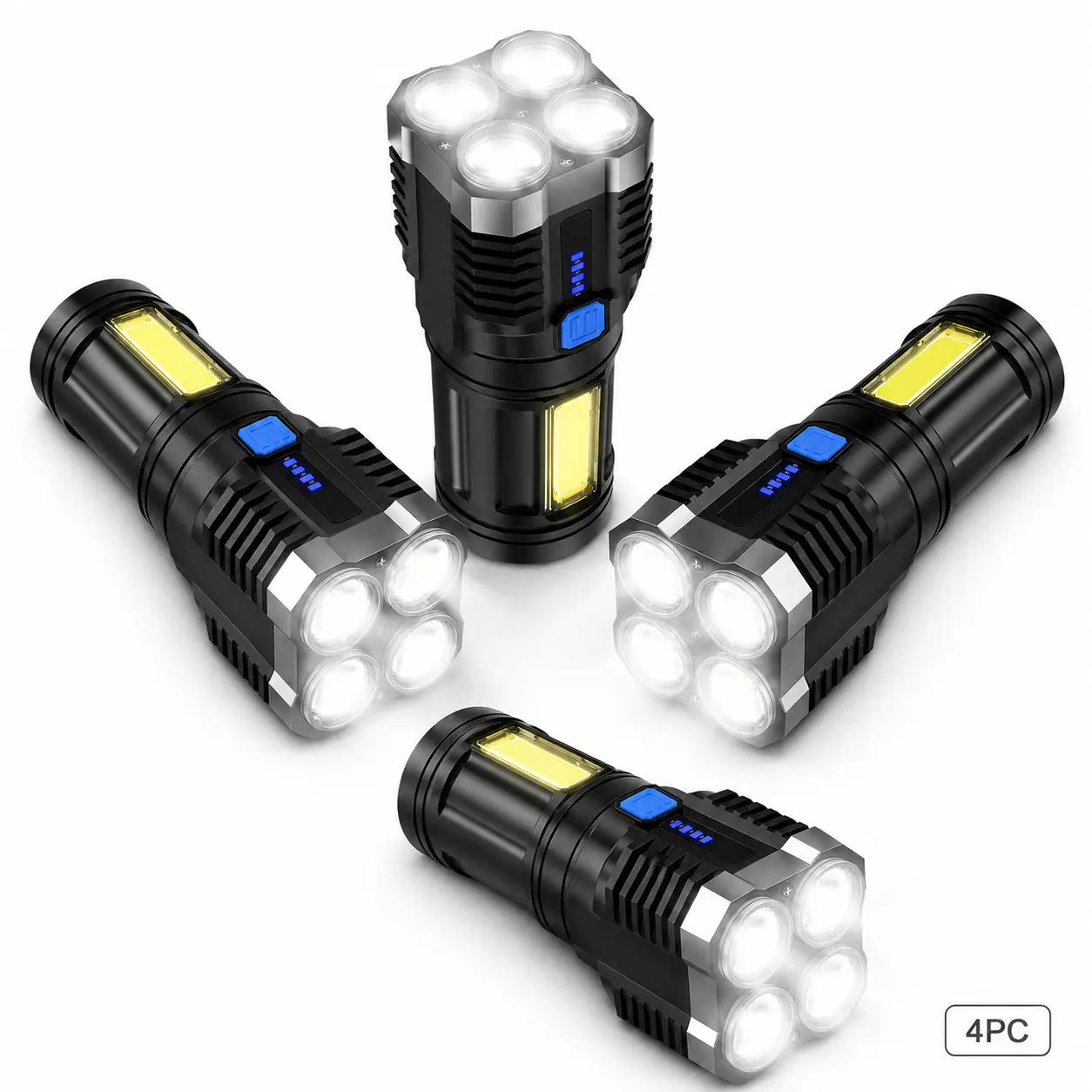 1/2/3/4-Pack Ultra Bright 4-Head LED Pocket Flashlight, Handheld Torch with COB Wide Side Beam, Durable Emergency Lighting for Household Daily Use, Camping, Fishing & Night Outdoor Activities