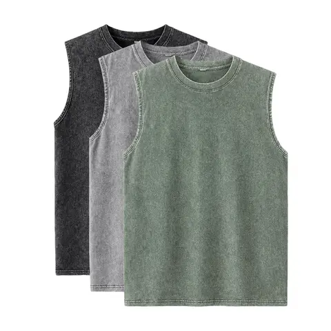 Menswear 3-Pack Unisex Sleeveless T-Shirt Tank Tops, 100% Cotton Acid Wash Vintage Classic Loose Casual Style, Summer Wear, Father's Day Gifts