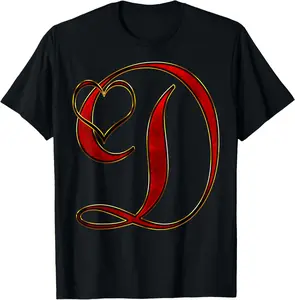 Cotton(pure) Monogram Initial Letter D Red Heart T-Shirt
