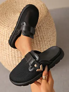 New Thick Sole Mesh Breathable Sandals, Thick Sole Mules, Slip-On Round Toe, Lightweight, Large Size, Metal Buckle Decor, Casual Comfort, Indoor Outdoor, All Seasons