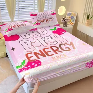Bad Btch Energy Cherry Juice Fitted Sheet Set Pink Print Bed Sheet with Pillowcase Girly Sassy Aesthetic Bedding for Teens Bedroom Funny Slogan Decor