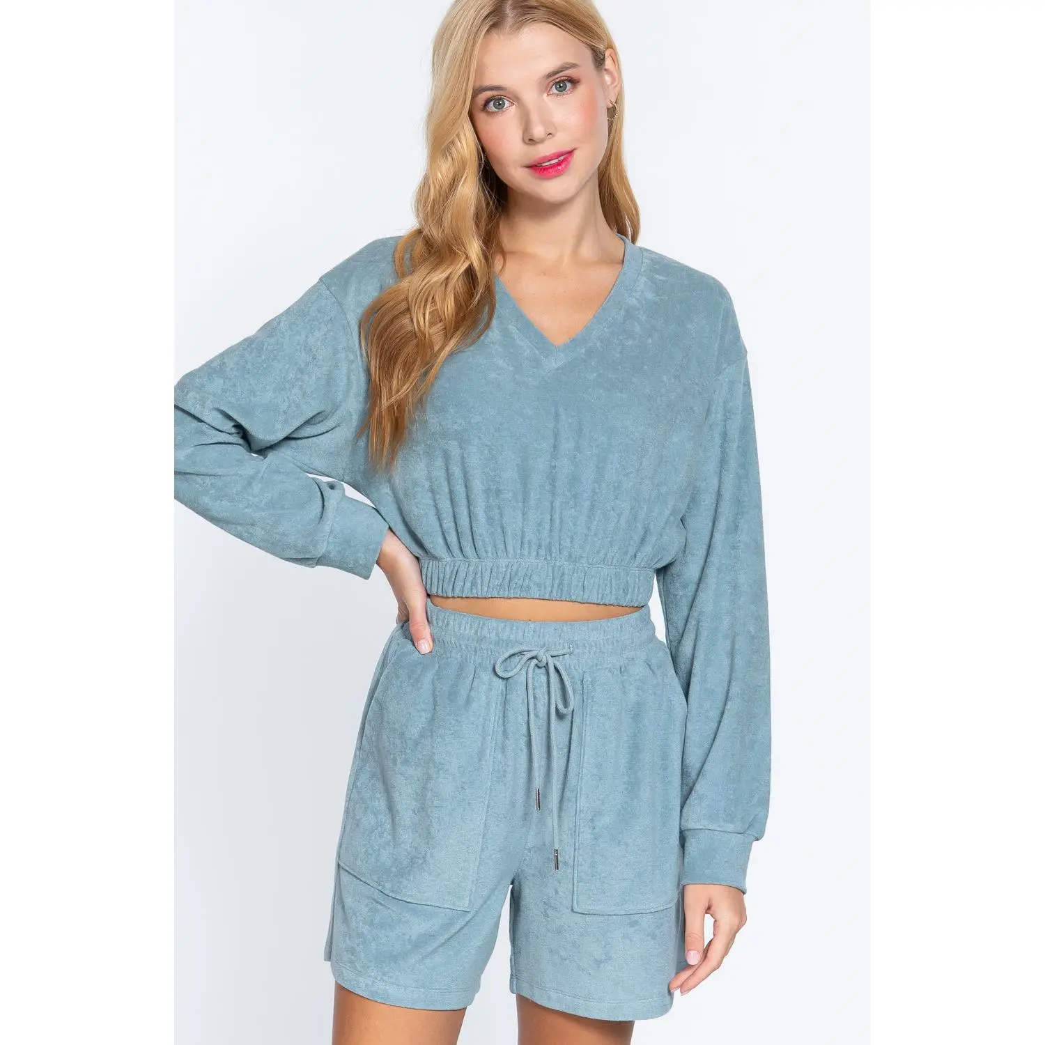 Women's Long-Sleeve V-Neck Terry Towelling Top with Elastic Hem, Relaxed-Wear Blouse Shirt, Long Sleeve Shirt