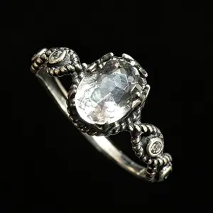 Twisted Bezel Clear Quartz Adjustable 925 Silver Ring