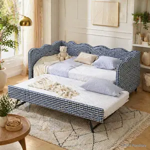 ARCH Navy Gingham Print Linen Fabric Twin-Size Daybed with Trundle, USB Charge Port Sofa Bed, No Box Spring Needed