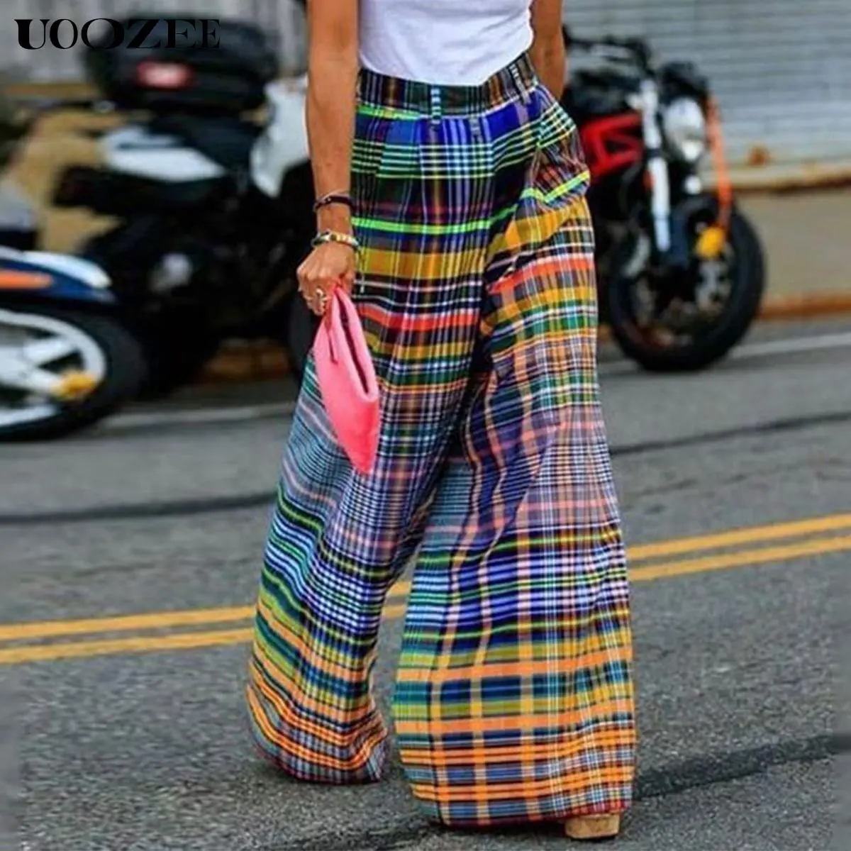UOOZEE Women's High Waist Baggy Pants, Plaid Checkered Wide-Leg Polyester Trousers, Casual Comfy Bottoms for Daily Wear, Elegant, Comfy Pants, Wide Legged Pants