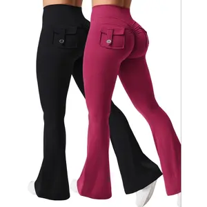 2pcs Set - New Women'S Casual Flared Yoga Pants With Buttons, Training Flared Pants, High Waisted Work Clothes, Waist Belt Pocket Sportswear Anime Print Compression Workout track