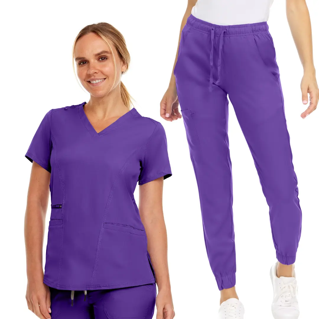 MediChic Women's 2-Piece Elastane Lavender Scrub Uniform Set - Machine Washable Short Sleeve V-Neck Zipper Top, High Stretch Polyester Cargo Drawstring Jogger Pants with Side Pockets, Tapered Legs, Everyday Workwear