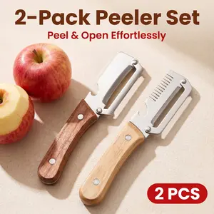 Wooden-Handled Vegetable & Fruit Peeler - Stainless Steel Blade with Built-In Bottle Opener, Ergonomic Kitchen Tool