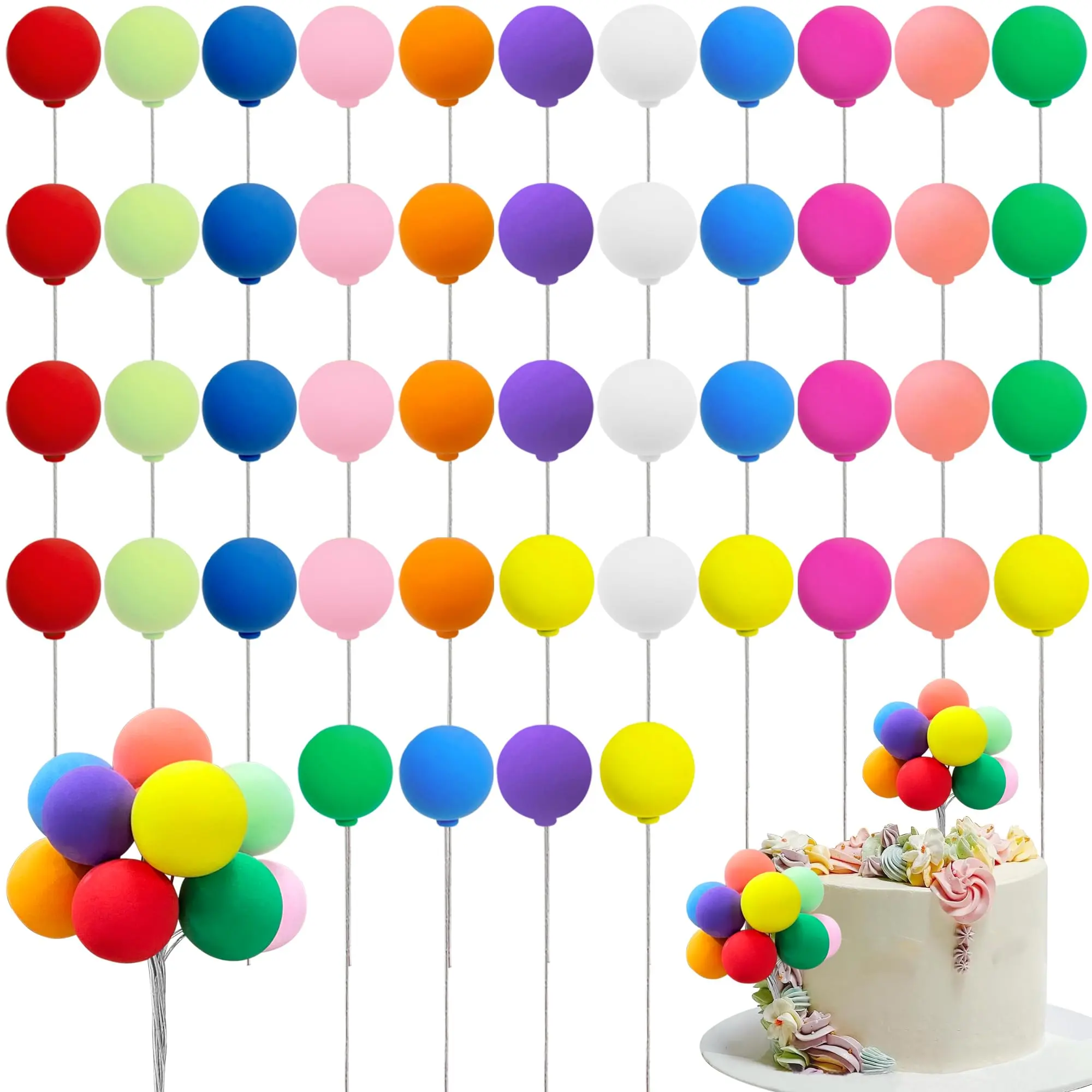48 PCS Colorful Balloon Cake Topper Mini Round Cupcake Toppers Cake Decoration for Wedding Birthday
