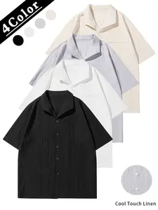 Set of 4 men’s classic casual linen collared solid shirts, summer short sleeves, breathable cool feel tops, stylish American menswear, everyday essential wear