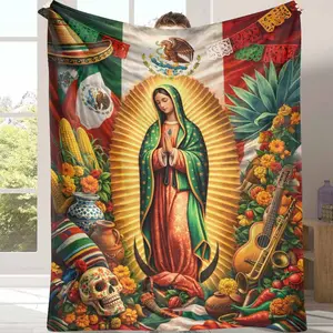 Mexican Culture Flannel Blanket Virgin of Guadalupe Print Soft Warm Lightweight Cozy for Sofa Bedroom Holiday Celebration Religious Gift Home Decor