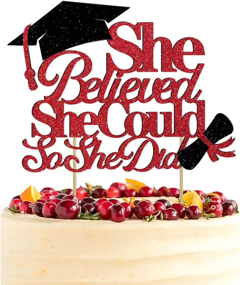 She Believed She Could So She Did Cake Topper for Graduation Decorations, 2026 Graduation Cake Topper, Congrats Grad 2026 Party Supplies (Red)