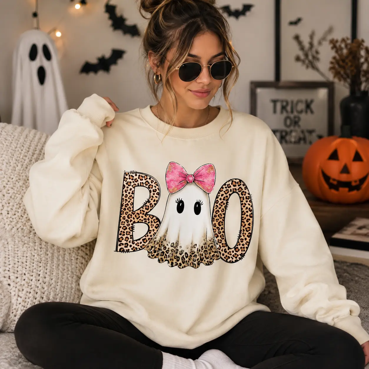 Boo Ghost Leopard Print Sweatshirt, Cute Halloween Ghost Crewneck, Pink Bow Ghost Sweatshirt, Coquette Halloween Shirt, Spooky Season Pullover, Fall Graphic Sweatshirt and T-Shirt, Halloween Gift for Her -DPCLICK